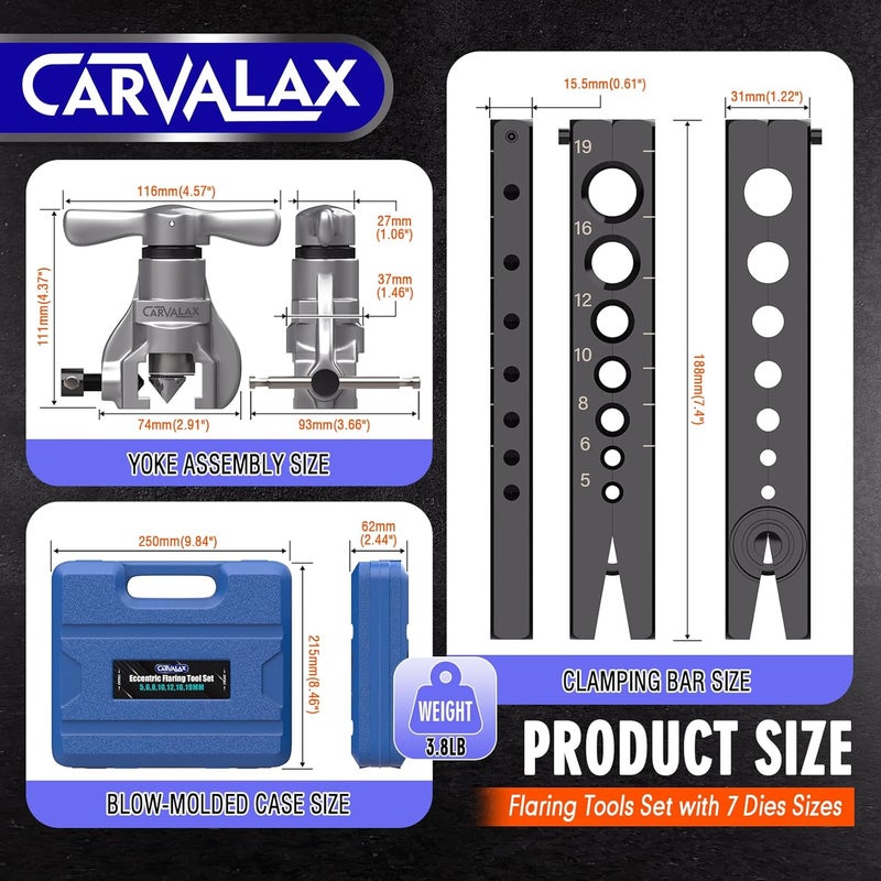 CARVALAX طقم أدوات تشكيل الفلير بزاوية 45° للنحاس، والبرونز، والألمنيوم، قضيب تشكيل فردي مع 7 قوالب (5 مم إلى 19 مم)، للاستخدام في أنظمة التكييف، والتبريد، وخطوط الفرامل، ثقيل الوزن مع حقيبة (مترية) - Image 2